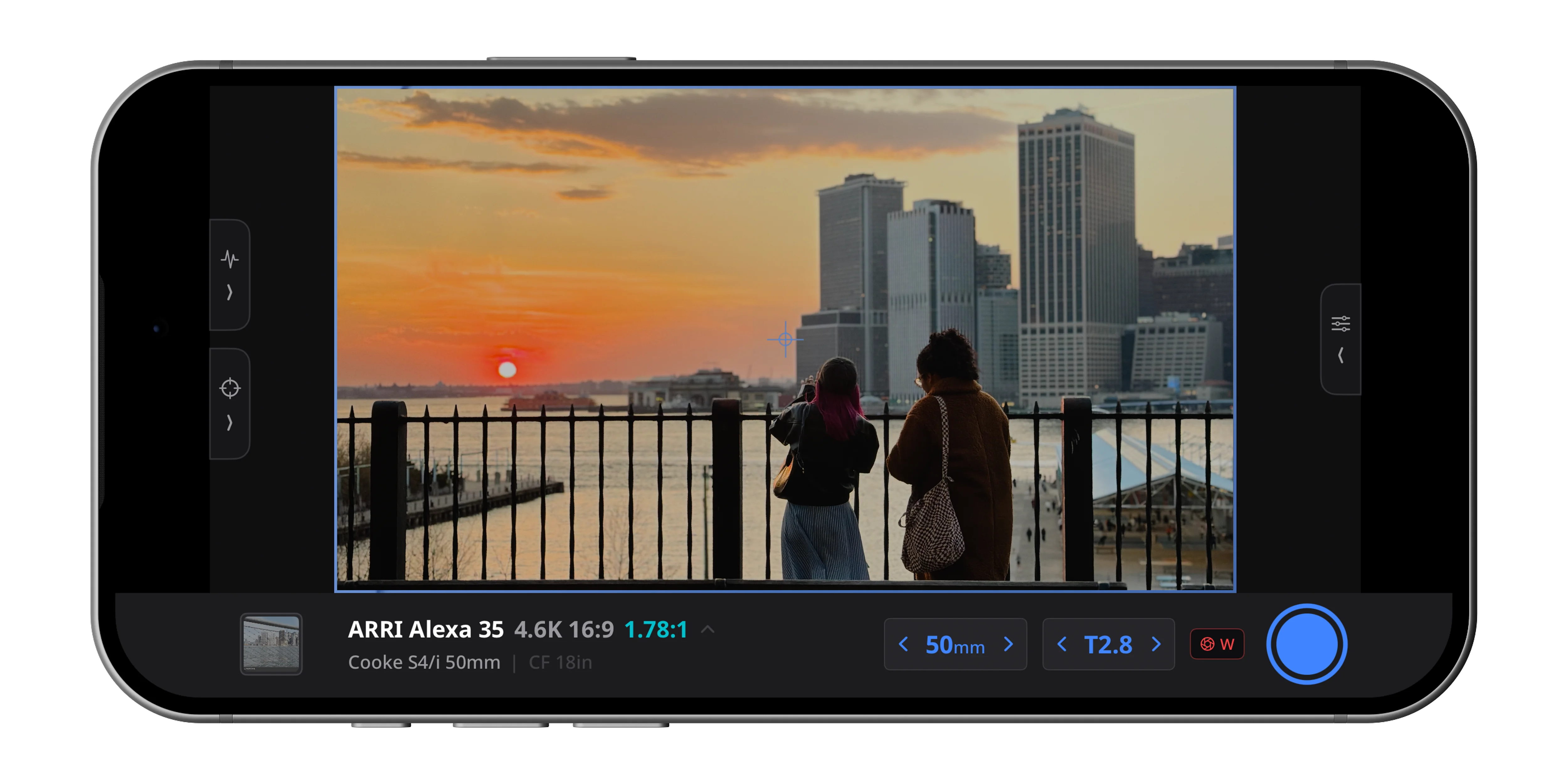 Chromascope main camera view — live finder with lens and format metadata