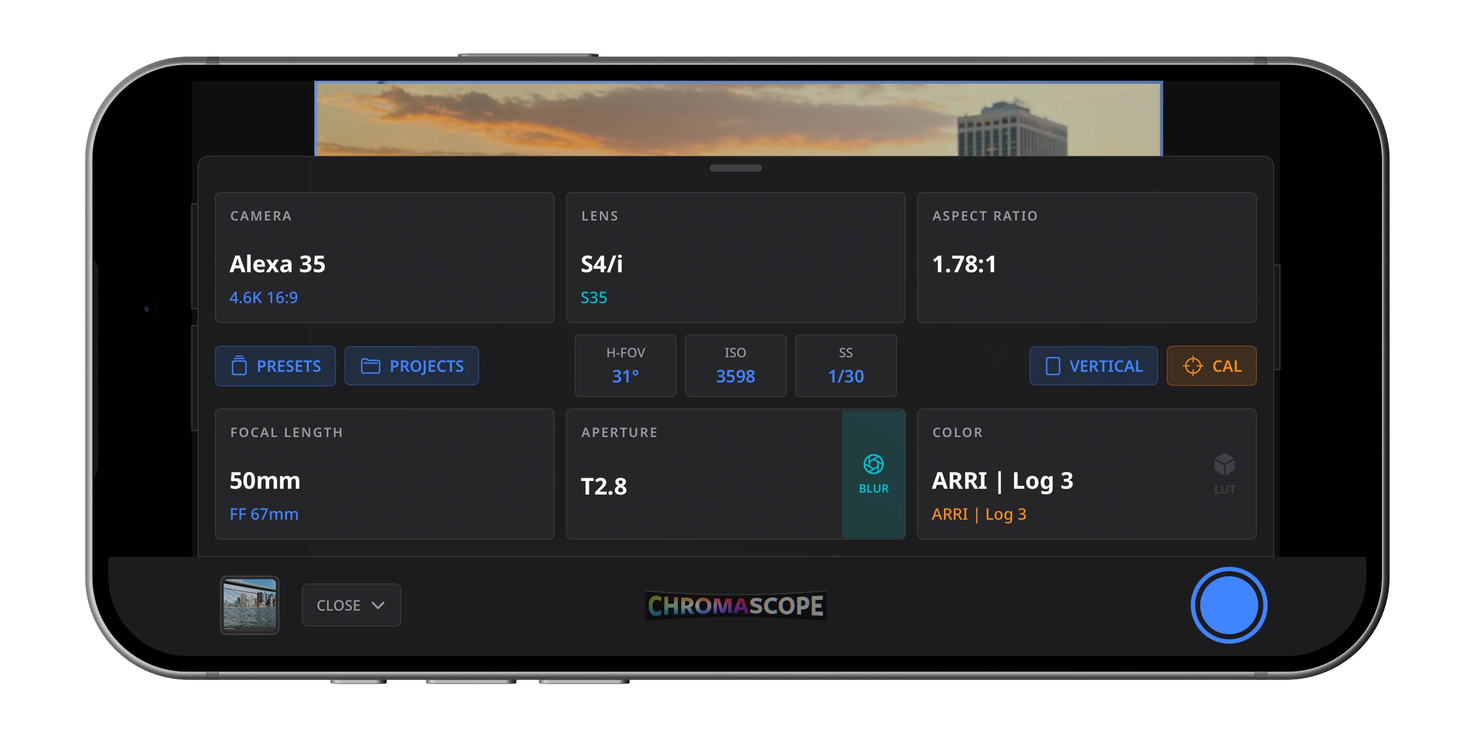Chromascope main menu — camera, lens, aspect ratio, focal length, aperture, color